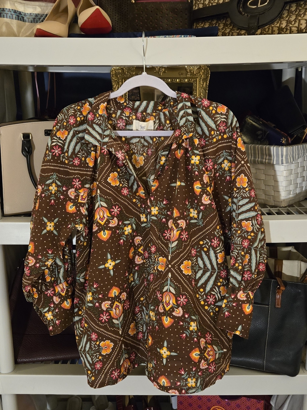 Print Fresh Boho Brown Floral V-Neck Blouse